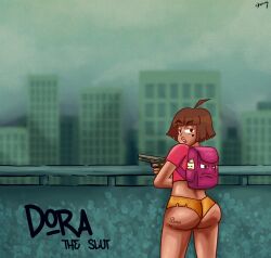 backpack bag brown_skin clothing dora_marquez dora_the_explorer female firearm handgun human latina pale_skin shuwybun weapon