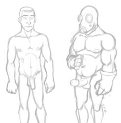 erection flaccid furei gas_mask gay gloves male male_focus male_only musclechub muscles naked pyro pyro_(team_fortress_2) scout sketch tagme team_fortress_2 white_background