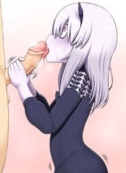 albino bangs black_bow black_dress blush bow censored constricted_pupils dress fate/grand_order fate_(series) fellatio female from_side hair_between_eyes hairbow handjob highres horn lavinia_whateley_(fate/grand_order) long_hair long_sleeves nose_blush open_mouth oral penis pointless_censoring polka_dot polka_dot_bow rantana_(lalalalackluster) solo_focus sweat textless tongue tongue_out white_hair white_skin