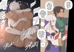 1boy 1girls before_and_after blush class_difference cum_inside cyril_(fire_emblem) dialogue ebinku female fire_emblem fire_emblem:_three_houses hugging instant_loss_2koma leg_lock lysithea_von_ordelia male nintendo noblewoman nude rolling_eyes sweat sweaty text white_hair