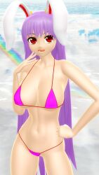 2025 3d beach big_breasts bikini breasts clavicle cleavage clouds female hati_yukkuri_mmd hips kemonomimi light-skinned_female long-haired_female mmd moon_rabbit navel open_mouth pink_bikini purple-haired_female rainbow red-eyed_female reflection reisen_udongein_inaba swimsuit touhou waist water