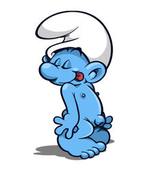 1boy blue_skin cap closed_eyes ekuhvielle erect_nipples male_only nude presenting small_penis solo_male tagme tail the_smurfs tongue_out uncut white_background