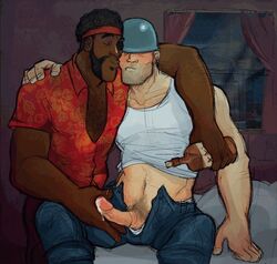 2boys alcohol arm_around_neck artist_request beard black_hair bottle bottomless brojob closed_eyes cork dark-skinned_male demoman drunk erection eye_patch facial_hair gay hand_on_shoulder handjob headband helmet_over_eyes holding_penis kiss kissing_cheek legs_apart male male_focus male_only mustache open_shirt pants_open penis_out precum_drip shirt_up soldier soldier_(team_fortress_2) soul_patch tank_top team_fortress_2 underwear_down valve