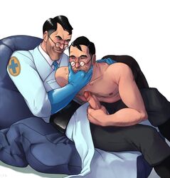 2boys adorable all_male black_hair body_hair chest_hair cute cute_male erect_penis erection finger_in_mouth foreskin gay glasses gloves human intact latex_gloves love lovers loving_couple male male_nipples male_on_male male_only masculine mature_male medic medic_(team_fortress_2) open_pants penis penis_out precum retracted_foreskin selfcest shirtless team_fortress_2 tie topless uncut valve yang yangpuppy yaoi