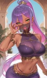 ai_generated armlet bangs bare_shoulders blush bracelet breasts commission dancer dancer_outfit dark-skinned_female dark_skin ear_piercing earrings fellatio_gesture female green_eyes gyaru hair_between_eyes harem harem_girl harem_outfit hololive hololive_japan jewelry large_breasts long_hair looking_at_viewer midriff mouth_veil multicolored_hair navel navel_piercing necklace open_mouth pants piercing pink_hair ponytail purple_hair self_upload smile solo sweat tan_body tgv9173 tokoyami_towa tongue tongue_out two-tone_hair veil virtual_youtuber