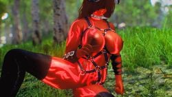 akilandi bdsm_outfit big_breasts grass_field hair_over_eyes markings original_character red_body red_hair short_hair spiked_collar stockings succubus succubus_horns the_elder_scrolls_v:_skyrim
