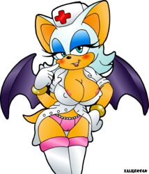 1girls anthro bat blue_eyes blush breasts cameltoe cleavage erect_nipples female female_only kaijufreak nipple_slip nurse nurse_uniform panties pink_panties rouge_the_bat solo sonic_(series) tagme