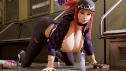 akali all_fours heterochromia huge_breasts k/da_series red_hair train