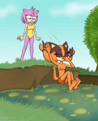 2girls amy_rose boomerang_(tv_network) bopoop cartoon_network commission dirty diving fanart female jump lake mobian mobians mud river sega sonic_boom sonic_the_hedgehog_(series) sticks_the_badger sticks_the_jungle_badger swamp swimming swimsuit water