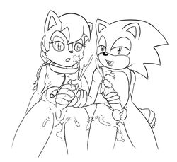 1boy 1futa clothing front_view futa_on_male futanari handjob hedgehog herm intersex interspecies kyoshinhei line_art male male_on_futa monochrome penis sally_acorn sonic_(series) sonic_the_hedgehog squirrel vulva