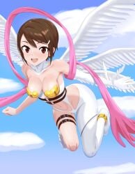 1girls angel angel_wings angewomon_(cosplay) belly_button breasts brown_eyes brown_hair digimon digimon_adventure digimon_adventure_02 elbow_gloves female female_only hi_res highres hikari_yagami light-skinned_female light_skin omeka_gamma short_hair single_glove solo toei_animation