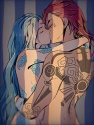 2d 2girls anasacolyte3 arcane arcane_jinx arcane_vi arms_around_neck arms_around_partner blue_hair closed_eyes embrace female female_only hug hugging incest jinx_(league_of_legends) kissing league_of_legends making_out muscular muscular_female nude passionate pink_hair red_hair siblings sisters tattoo tattoos vi yuri