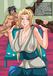 1girls 3boys blonde_hair brown_eyes codename_fang dark-skinned_male dark_skin female hand_on_head handjob human interracial large_breasts male naruto nipple_bulge nude_male_clothed_female penis straight tagme tsunade uncensored