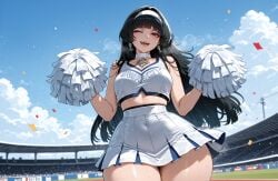 1girls ai_generated astra_yao bangs bare_shoulders black_hair blue_sky blunt_bangs blush breasts cheerleader clothing cloud confetti covered_navel crop_top curvaceous curvaceous_female curvaceous_figure curvy curvy_figure day earrings female female_focus hairband high-waist_skirt holding holding_pom_poms inviting inviting_to_sex jewelry large_breasts long_hair looking_at_viewer midriff mihoyo miniskirt miyuai navel one_eye_closed open_mouth outdoors pleated_skirt pom_pom_(cheerleading) presenting presenting_ass presenting_breasts presenting_hindquarters presenting_self red_eyes seductive seductive_look seductive_smile shirt skirt sky sleeveless smile solo stadium sweat thick_thighs thighs voluptuous voluptuous_female white_choker white_hairband white_skirt wide_hips zenless_zone_zero
