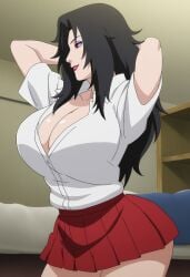 1girls ai_generated arms_behind_head arms_up bare_chest bare_legs big_ass big_breasts black_hair breasts breasts_bigger_than_head bursting_breasts busty cleavage cleavage_overflow clothing fantasyprompt female female_focus female_only hourglass_figure huge_ass huge_breasts kurenai_yuhi lipstick long_hair looking_at_viewer makeup mature mature_female milf naruto naruto_(series) naruto_shippuden pinup pleated_skirt red_eyes revealing_clothes school_uniform schoolgirl seductive seductive_eyes seductive_look seductive_smile shirt skimpy skimpy_clothes skirt slim_waist smile solo solo_focus thick_thighs thighs top_heavy top_heavy_breasts upper_body voluptuous voluptuous_female wide_hips