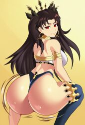 ai_generated ass ass_bigger_than_head ass_cleavage ass_focus ass_shake ass_up black_hair brown_hair bubble_butt earrings fate/grand_order fate_(series) female god goddess ishtar_(fate) looking_at_viewer red_eyes solo solo_female solo_focus twerking twerking_position