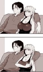1boy 1boy1girl 1girls artist_request black_and_white bob_cut cleavage cleavage_overflow couple couple_(romantic) couple_art grabbing_breasts grabbing_from_behind hand_on_breast large_breasts manga_style surprised_expression surprised_face tank_top unknown_artist unknown_character