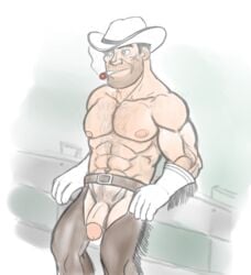 1boy bara engineer facial_hair furei human male male_only muscle partially_clothed penis solo tagme team_fortress_2