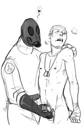 2boys black_and_white clothed_male_nude_male dog_tags gas_mask gay gloved_handjob gloves handjob jerkingoff_another male male/male male_focus male_only nude_male pyro pyro_(team_fortress_2) scout scout_(team_fortress_2) tagme team_fortress_2 zephon