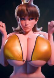 1girls adjusting_bikini adjusting_swimsuit aggressive_female animated_gif big_breasts bikini_top breasts crown dancing huge_breasts jiggle_physics jiggling_breasts mario_(series) nintendo princess_daisy scrag_boy scraggy_(artist) shaking_breasts smirking_at_viewer tagme teasing teasing_viewer