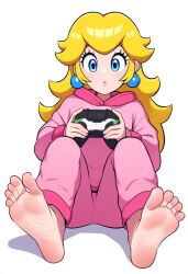 ai_generated barefoot blonde_hair blue_eyes feet foot_fetish mario_(series) nintendo pink_pajamas playing_videogame pov_eye_contact pov_feet princess_peach soles su_whore_(artist) video_game_controller video_games white_background xbox_controller