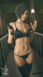 1girls 3d ada_wong ada_wong_(adriana) asian asian_female black_bra black_hair black_thong bob_cut bra cleavage crudbox3d eyeshadow female fit_female frilled_bra frilled_thong handgun hands_up legs_crossed lingerie lingerie_bra lingerie_panties medium_breasts partially_clothed partially_clothed_female pistol removing_bra resident_evil resident_evil_2 ribbon smile solo_female source_filmmaker stockings thigh_highs thighhighs thong underwear