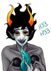 1boy 1girls black_hair cum cum_on_face facepaint gamzee_makara grey_skin homestuck horns ms_paint_adventures open_mouth pointy_ears purple_eyes purple_nails sharp_teeth short_hair straight tentabulge terezi_pyrope text tongue_out troll webcomic white_background