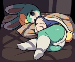 2024 animal_crossing anthro ass balls_outline bed bedding black_eyes blanket blonde_hair blue_body blue_fur blush buckteeth bulge clothing d._lico detailed_bulge footwear fur furniture genital_outline hair half-closed_eyes happy hi_res holding_object holding_pillow inside jacket lagomorph leporid looking_at_viewer lying lying_on_bed male mammal narrowed_eyes nintendo on_bed on_side open_mouth pillow rabbit sasha_(animal_crossing) socks solo teeth topwear underwear white_body white_clothing white_fur white_underwear