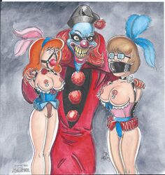 2girls arms_behind_back bondage clown daphne_blake female gag gagged ghost_clown hanna-barbera human hypnosis hypnotic_eyes male mind_control nipples scooby-doo straight velma_dinkley