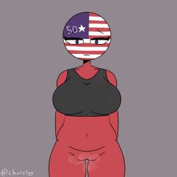 :3 big_breasts chubby churelyy crop_top female musk_clouds pussy sweat united_states_of_america_(countryhumans)