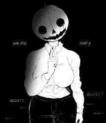 1girls big_breasts breasts female pumpkin_head rikkatzu spooky text