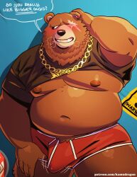 5_fingers absurd_res anthro bear ben_bigger blush briefs brown_body brown_fur chain_necklace clothed clothing clothing_lift dialogue english_text erection erection_under_clothing eye_scar facial_scar fingers fur hi_res jewelry kamudragon looking_away male male_only mammal mihoyo navel necklace nipples raised_arm scar shirt shirt_lift slightly_chubby slightly_chubby_male solo speech_bubble standing t-shirt tan_body tan_fur tenting text thick_thighs topwear underwear url zenless_zone_zero