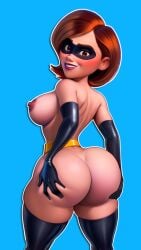 1girls ai_generated ass awlnsfw back back_view belt big_breasts blue_background blush breasts brown_eyebrows brown_eyes brown_hair cocky confident curvy disney elastigirl elbow_gloves eyemask facing_away gold_belt grabbing grabbing_ass grabbing_own_ass grin helen_parr helen_parr_(fortnite) hourglass_figure large_areolae latex latex_gloves latex_thighhighs lipstick looking_at_viewer looking_back mature mature_female milf mommy nipples parted_hair perky_breasts perky_nipples pixar presenting presenting_ass presenting_hindquarters round_ass round_butt shadman_(style) short_hair sideboob simple_background smirk solo squeezing superhero the_incredibles the_incredibles_2 thick_thighs thighhighs thighs underbutt