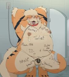 anthro arcanine balls bathroom belly blush bodily_fluids body_writing bondage chastity_cage chastity_device clothing collar condom corruption crouching dragon_night800 filled_condom footwear front_view generation_1_pokemon genitals hands_behind_back hi_res humanoid_genitalia humanoid_penis male male_only mature_male navel nintendo nipple_piercing nipple_ring nipples overweight penis piercing pokemon pokemon_(species) public_restroom ring_piercing sexual_barrier_device slave small_penis socks solo spread_legs spreading submissive submissive_male sweat three-quarter_view toilet_slave tongue tongue_out