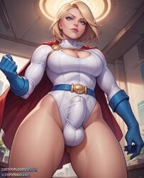 ai_generated athletic_futanari blonde_female blonde_futa blonde_hair blue_eyes bulge bulge_through_clothing bulge_under_clothes cleavage dc_comics fit_futanari futa_focus futa_only futa_sans_pussy futanari gloves osirix power_girl solo stable_diffusion superheroine white_futanari