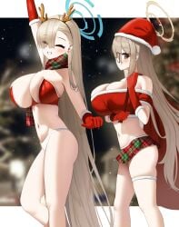 2girls akane_(blue_archive) antlers arm_gloves arm_up asuna_(blue_archive) background bag beauty_mark blue_halo blush breasts breasts_bigger_than_head brown_eyes christmas christmas_clothing christmas_headwear christmas_outfit cleavage closed_eyes eyes_visible_through_hair fake_antlers female gigantic_breasts glasses gloves hair_between_eyes hair_over_one_eye halo hat holding_bag huge_breasts inner_sideboob light_brown_hair long_hair looking_at_viewer midriff mole mole_on_breast navel nearly_nude nicorima open_eyes panties satchel scarf skindentation skirt standing thigh_strap thighs top_heavy top_heavy_breasts very_long_hair white_panties yellow_halo