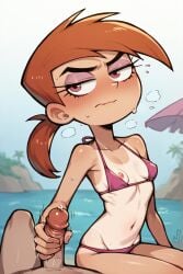 ai_generated annoyed beach_background bikini embarrassed embarrassed_female female handjob nipple_slip the_fairly_oddparents vicky vicky_(fairly_odd_parents)