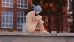 1girls 3d blue_eyes blue_hair bungusdungus70 chloe_price completely_nude covering_self exhibitionism female female_only hi_res hugging_own_legs human life_is_strange light-skinned_female nude nude_female outdoors outside public public_nudity short_hair sitting tattoo