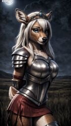 ai_generated animal_ears anthro armor arms_behind_back artist_name blue_eyes breastplate breasts cloud female female_anthro full_moon furry furry_female hi_res high_resolution highres long_hair looking_at_viewer moon night outdoors photorealistic pleated_skirt realistic red_skirt shoulder_armor skirt sky solo stable_diffusion tail thighhighs tiara twitter twitter_username watermark white_hair yiffyjiffy2 yiffyjiffy69