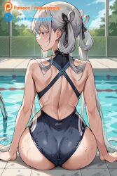 ai_generated ass ass_focus bangs big_ass blush curvaceous curvaceous_female curvaceous_figure curvy curvy_figure cute cute_face eyebrows_visible_through_hair huge_ass jinhsi_(wuthering_waves) jinshi looking_back pool silver_eyes silver_hair simple_background solo solo_female solo_focus swimsuit swimwear very_long_hair voluptuous voluptuous_female wuthering_waves young young_female