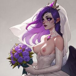 1girls ai_generated bouquet breasts breasts_out league_of_legends morgana procrastrinatingprojects purple_eyes purple_hair tiara wedding_dress