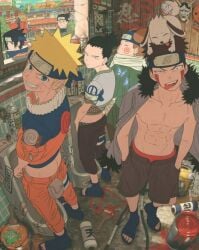 abs akamaru_(naruto) akimichi_chouji ass bathroom fraternity gay graffiti graffiti_on_wall headband inuzuka_kiba lad looking_at_viewer male_only nara_shikamaru naruto naruto_(classic) naruto_(series) no_visible_genitalia sasuke_uchiha scroll skinny smile uzumaki_naruto young