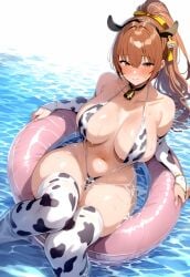 ai_generated animal_ears animal_print bangs bare_shoulders bell bikini blush breasts bridal_gauntlets brown_eyes brown_hair choker clavicle cleavage closed_mouth clothing cow_bell cow_ears cow_girl cow_horns cow_print dead_or_alive deko ear_tag elbow_gloves fake_animal_ears female female hair_ornament horns huge_breasts innertube kasumi_(doa) large_breasts legwear long_hair looking_at_viewer navel neck_bell one-piece_swimsuit ponytail print_bikini print_swimsuit sitting skindentation smile solo swimsuit tail thick_thighs thighhighs thighs tied_hair water wet white_one-piece_swimsuit white_thighhighs