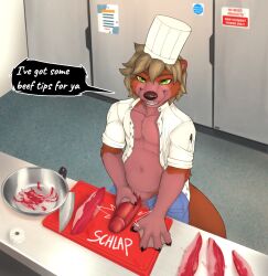 anthro chef_hat chef_uniform clothed clothing digital_media_(artwork) english_text erection food furry furry_only genitals hat headgear headwear kitchen knife kovat male mammal meat mustelid otter penis sauksauk solo text unprofessional_behavior