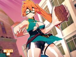 3d bare_arms bare_shoulders belt big_hands biyo boku_no_hero_academia breasts breasts_out domino_mask hero_outfit_(mha) itsuka_kendou my_hero_academia nipples ponytail ripped_clothes ripped_clothing serious shorts thick_thighs