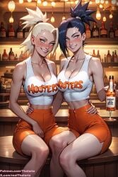 ai_generated alcohol big_breasts big_butt black_hair blonde_hair blush boruko cleavage earrings females_only holding_waist hooters naruto naruto_(series) perfect_body photoshoot sitting smiling smiling_at_viewer thalaria!! twins uzumaki_boruto uzumaki_himawari waitress