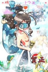 1girls brycen cosplay cryogonal dunsparce freeze_badge gym_badge_(pokemon) gym_leader gym_leader_(cosplay) hachiku_(pokemon) hilda_(pokemon) nintendo non-english_text one_breast_out pokemon pokemon_(species) pokemon_bw snivy