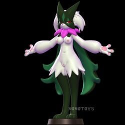 3d_(artwork) 3d_modeling 3d_print anthro black_background breasts cape clothing digital_media_(artwork) female flower fur generation_9_pokemon genitals hair hi_res looking_at_viewer mask medium_breasts meowscarada navel nintendo nipples nonotoys pawpads pink_nipples pinup plant pokemon pokemon_(species) pose pussy red_eyes simple_background smile solo spread_arms standing