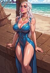 abs ai_generated bimbo bimbo_body bimbo_lips bimbofication bimbofied blue_eyes choker daenerys_slutborn daenerys_targaryen dress dressed emilia_clarke fantasy female female_only game_of_thrones gameofbimbos hips looking_at_viewer nipples_visible_through_clothing pale-skinned_female pale_skin pink_lips pink_lipstick portrait sea seaside sexy_dress sfw ship skimpy skimpy_clothes skimpy_outfit solo solo_female theofficialpit_(style) thighs tight_clothing