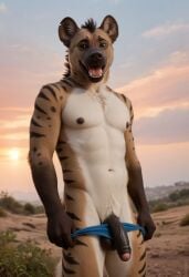 2024 ai_generated anthro balls carnivalecloudmuncher furry humanoid_penis hyaenid hyena hyperrealistic male male_only mammal nude open_mouth penis photorealism photorealistic realism realistic self_upload smile solo solo_male tagme tail underwear undressing